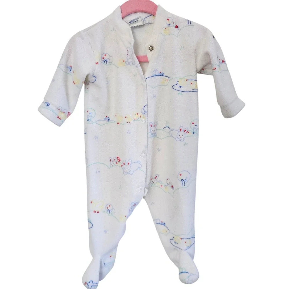 Vintage Absorba Baby Footed Sleeper White Terry Cloth Bunny Duckling USA‎ Made M